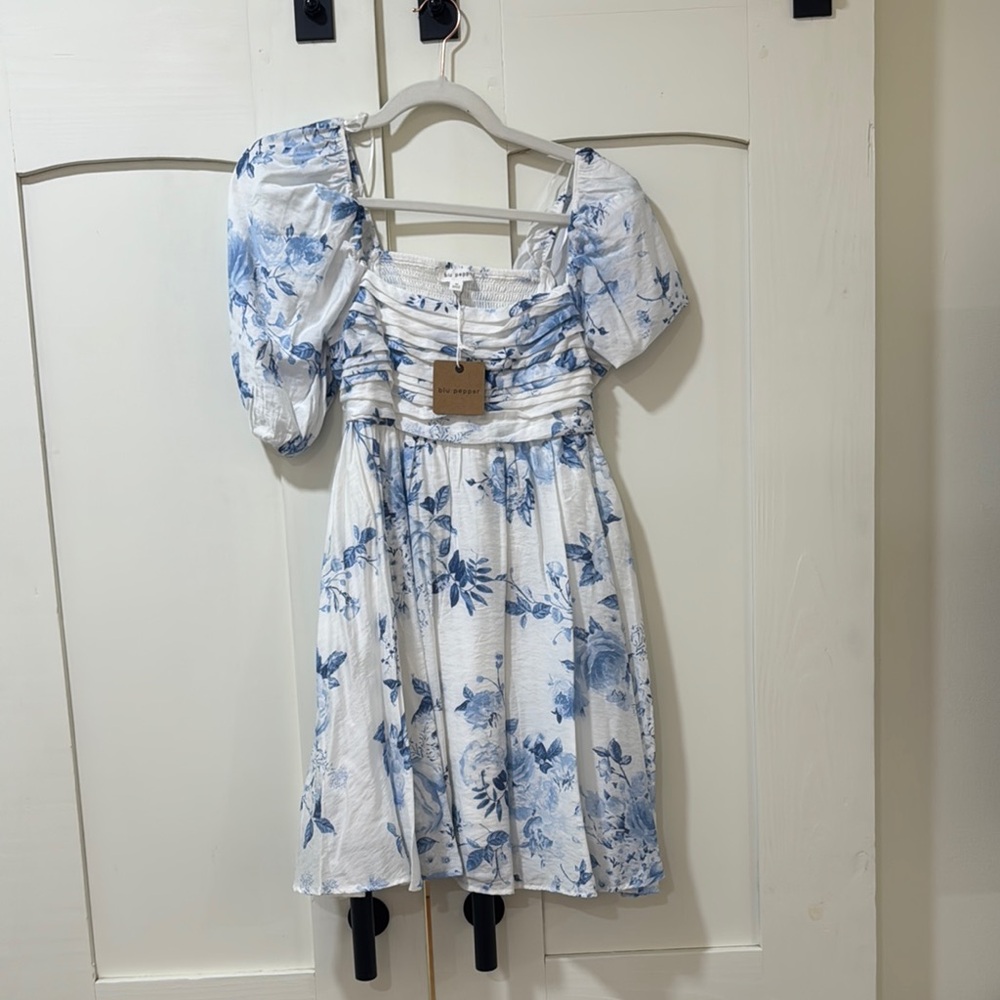 Floral Blue and White Kids Dress